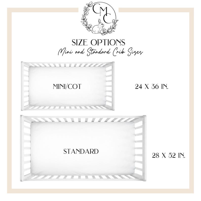 May include: Image showing size options for cribs. The text reads "SIZE OPTIONS Mini and Standard Crib Sizes." Two cribs are displayed: a mini/cot size (24 x 36 in.) and a standard size (28 x 52 in.). A logo with a rabbit is at the top.