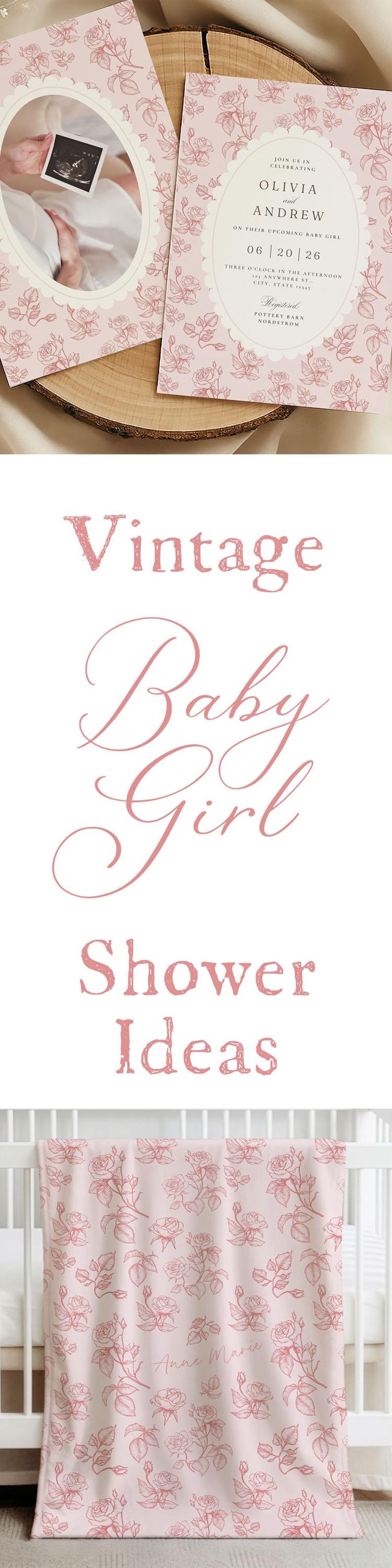 May include: Pink baby shower invitations and blanket with rose illustrations. The invitations feature the names Olivia and Andrew, with the date June 20, 2026. The blanket has the name Anne Marie.