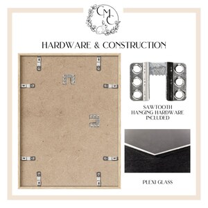 May include: Back of a framed picture with hardware and construction details. Includes sawtooth hanging hardware and plexi glass. Text reads "HARDWARE & CONSTRUCTION" and "SAWTOOTH HANGING HARDWARE INCLUDED" and "PLEXI GLASS".
