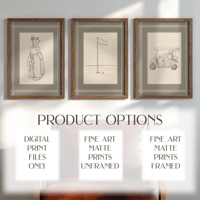 May include: Three framed golf-themed art prints. The prints feature sketches of a golf bag with clubs, a flag on the green, and a golf cart. The frames are brown with a double-lined border. The text "PRODUCT OPTIONS" is below the prints.