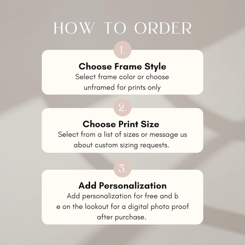 May include: A guide on how to order, with the text "HOW TO ORDER" at the top. The steps are: choose frame style, print size, and add personalization. The background is a light beige colour.