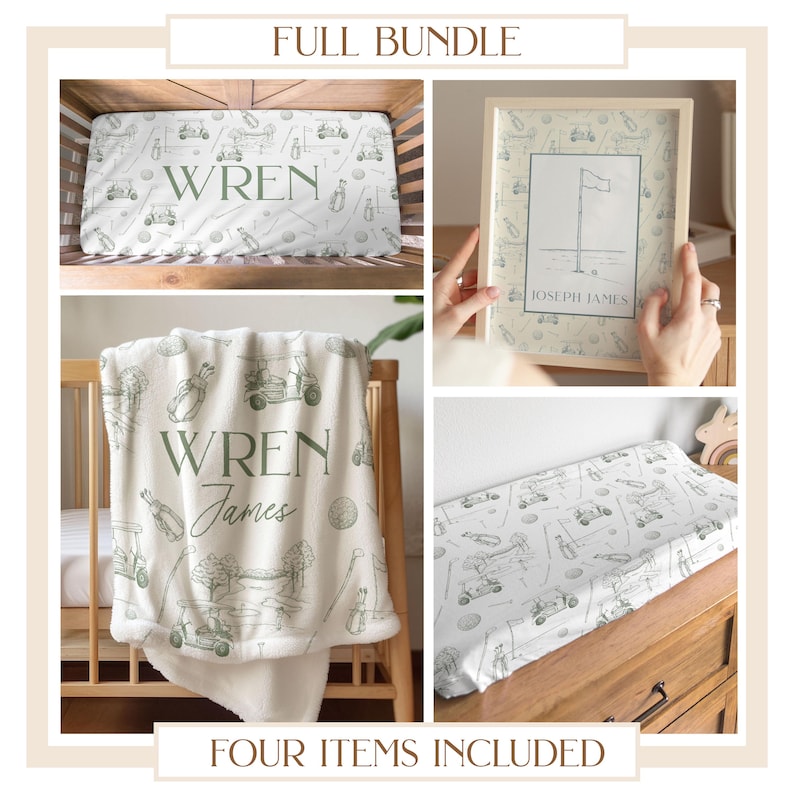 K&ouml;nnte beinhalten: Ein vierteiliges Baby-Set mit Golf-Motiv. Enth&auml;lt ein Bettlaken, einen gerahmten Druck, eine Decke und eine Wickelauflagenbezug. Die Artikel zeigen Golfwagen-, Flaggen- und Schl&auml;ger-Illustrationen in Gr&uuml;n und Wei&szlig;. Decke und Druck sind mit Namen personalisiert.
