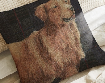 Pillow Dog Golden Retriever Gift for Owner Housewarming Dog Person Gift Decorative Pillow Blue Plaid Home Decor Dog Nursery Pillow Cotton