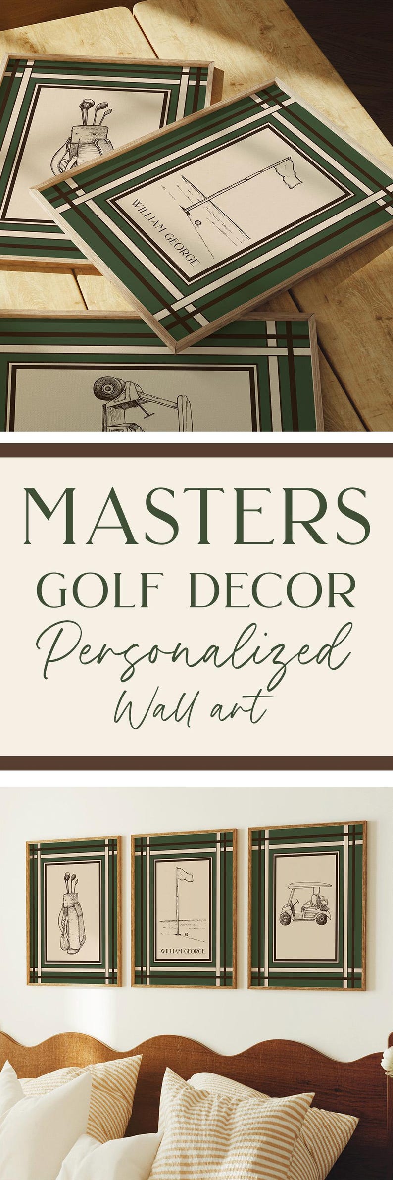 May include: Golf-themed wall art set featuring three framed prints with green and white accents. Each print showcases a different golf-related illustration: golf bag, flag on the green, and golf cart. The text "MASTERS GOLF DECOR Personalized Wall art" is also visible.