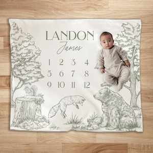 Woodland Boy Milestone Blanket Personalized Baby Shower Gift Newborn Baby Name Blanket Photo Prop Monthly Blanket Custom Boy Month Blanket