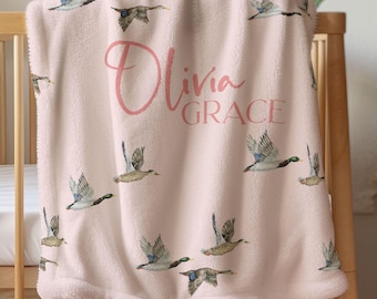 Personalized Mallard Duck Baby Blanket Girl Duck Hunting Theme Nursery Bedding Pink Duck Baby Shower Gift Custom Name Blanket Toddler Girl