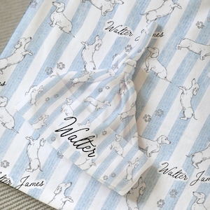 Dachshund Lover Gift Baby Personalized Dog Swaddle Set Newborn Coming Home Blanket Hospital Swaddle Boy Puppy Nursery Decor Boy Blue Stripe