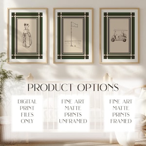 May include: Three framed golf-themed art prints. Each print features a beige background with a black and green border. The prints depict a golf bag with clubs, a flag on the green, and a golf cart. The text "PRODUCT OPTIONS" is at the bottom.