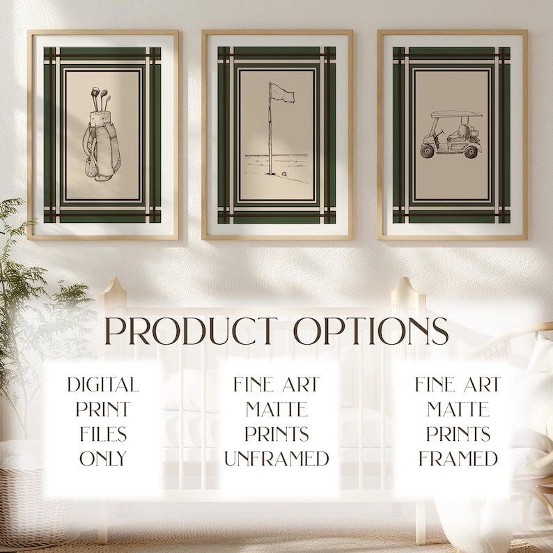 May include: Three framed golf-themed art prints. Each print features a beige background with a black and green border. The prints depict a golf bag with clubs, a flag on the green, and a golf cart. The text "PRODUCT OPTIONS" is at the bottom.