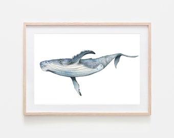 Humpback whale fine art print Whale nursery art Under the sea baby nursery sea life art beach house decor Watercolor whale art print