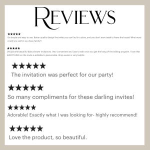 Op de afbeelding: Een beige achtergrond met het woord "REVIEWS" in grote, elegante zwarte letters. Daaronder klantbeoordelingen met sterrenbeoordelingen en opmerkingen over uitnodigingen, waaronder zinnen als "perfect voor ons feest" en "lieve uitnodigingen".