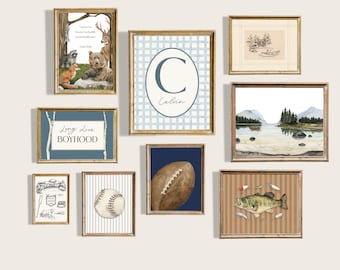 Baseball Fishing Boy Room Wall Art Set of 9 Boy Nursery Decor Sport Print Boy Room Print Set Blue Toddler Boy Art MisMatch Gallery Set Boy