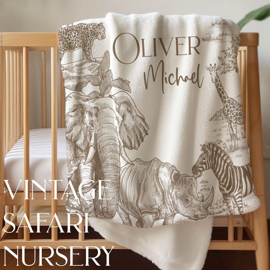 Vintage Safari Nursery Decor Personalized Blanket Gift for New Baby Boy ...