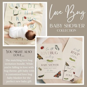 May include: A baby shower invitation set with a love bug theme. The invitation features a watercolor illustration of a ladybug, butterfly, and caterpillar. The RSVP card has a green caterpillar and the thank you card has a ladybug and caterpillar. The text on the invitation reads "Our Little Lovebug is on the way" and "Baby Shower".