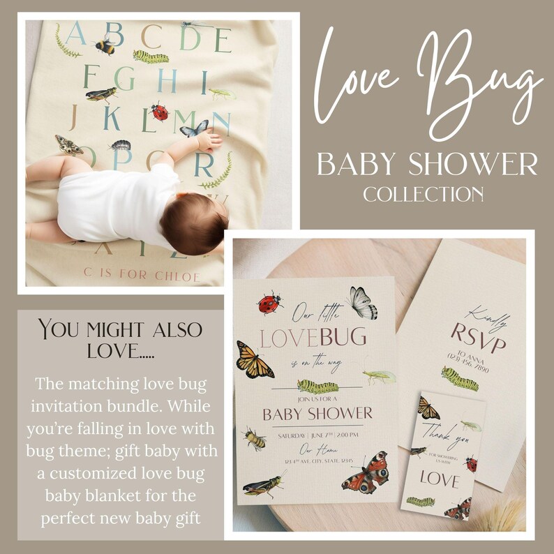 May include: A baby shower invitation set with a love bug theme. The invitation features a watercolor illustration of a ladybug, butterfly, and caterpillar. The RSVP card has a green caterpillar and the thank you card has a ladybug and caterpillar. The text on the invitation reads "Our Little Lovebug is on the way" and "Baby Shower".