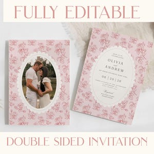 May include: Pink floral baby shower invitations. One invitation features a photo of a couple in an oval frame. The other invitation has event details in an oval frame. Text on the invitations reads "FULLY EDITABLE" and "DOUBLE SIDED INVITATION."