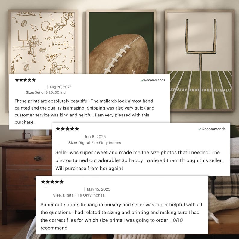 May include: A set of three framed art prints with football themes. The prints depict a play diagram, a football close-up, and a goalpost on a field. Each print measures approximately 50.8 x 76.2 cm.