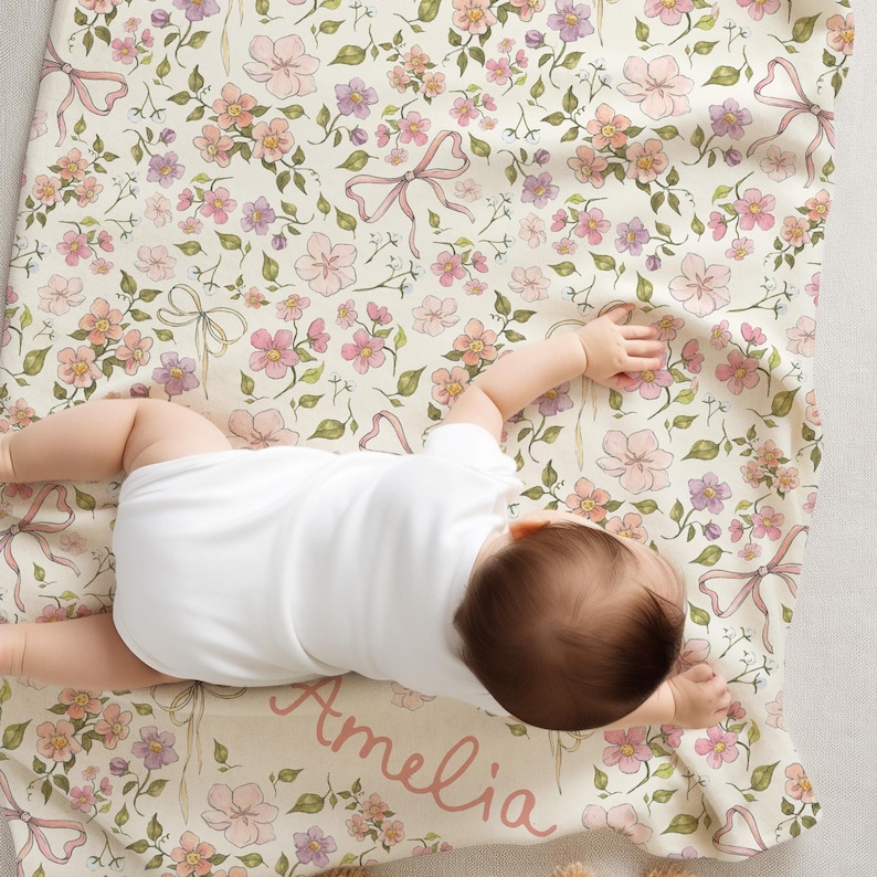 Watercolor floral baby blanket for baby girl coquette blanket