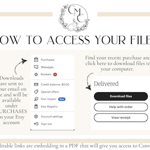 May include: A beige and white graphic providing instructions on accessing files after purchase. The text includes "HOW TO ACCESS YOUR FILES" and details on finding downloads in the Etsy account. A logo with a bunny is at the top.