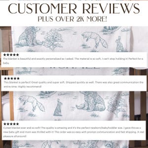 May include: A white baby blanket with a forest animal print in light blue. The blanket features illustrations of bears, foxes, and rabbits. The text "CUSTOMER REVIEWS PLUS OVER 2K MORE!" is at the top.