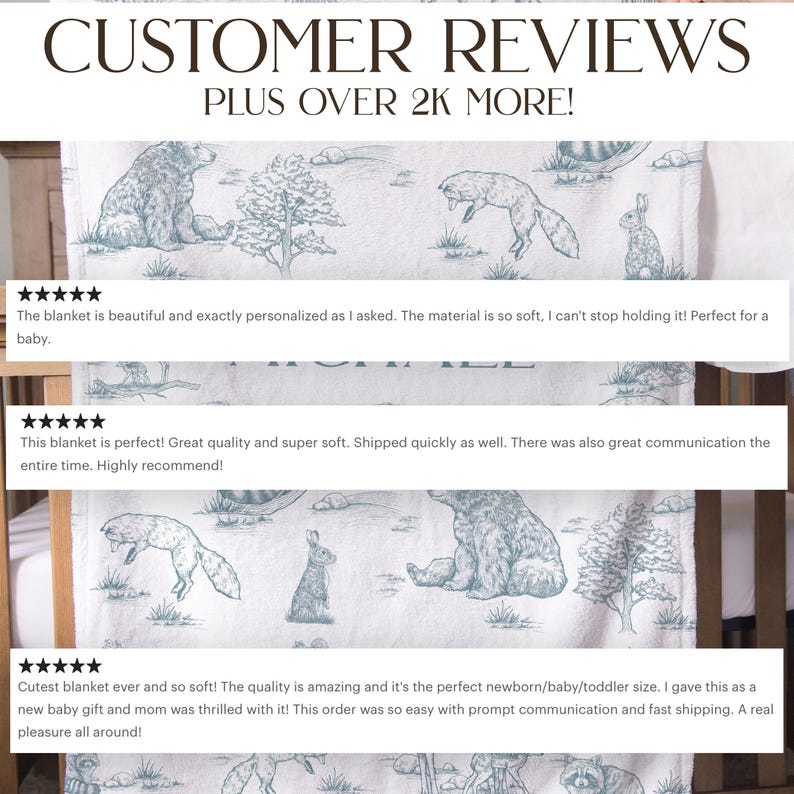 May include: A white baby blanket with a forest animal print in light blue. The blanket features illustrations of bears, foxes, and rabbits. The text "CUSTOMER REVIEWS PLUS OVER 2K MORE!" is at the top.