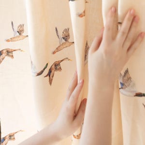 May include: A light beige curtain featuring a repeating pattern of flying ducks in shades of brown, white, and green. The fabric has a visible woven texture, and the curtain is draped in soft vertical folds across the entire surface area.