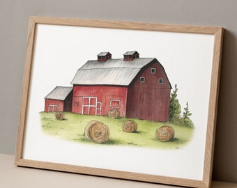 Barn Art Print Farm House Wall Decor Farm Nursery Print Barn art farm art red barn watercolor print modern farmhouse nursery decor barn