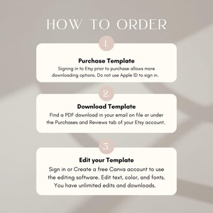 May include: A beige graphic with the text "HOW TO ORDER" at the top. The graphic has three numbered steps: Purchase Template, Download Template, and Edit your Template. Each step includes instructions for the user.