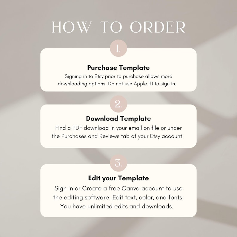 May include: A beige graphic with the text "HOW TO ORDER" at the top. The graphic has three numbered steps: Purchase Template, Download Template, and Edit your Template. Each step includes instructions for the user.