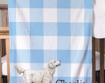 Personalized Dog Blanket Custom Dog Breed Gift for Baby Blue Gingham Baby Blanket Newborn Name Blanket Gift for Dog Owner Dog Theme Nursery