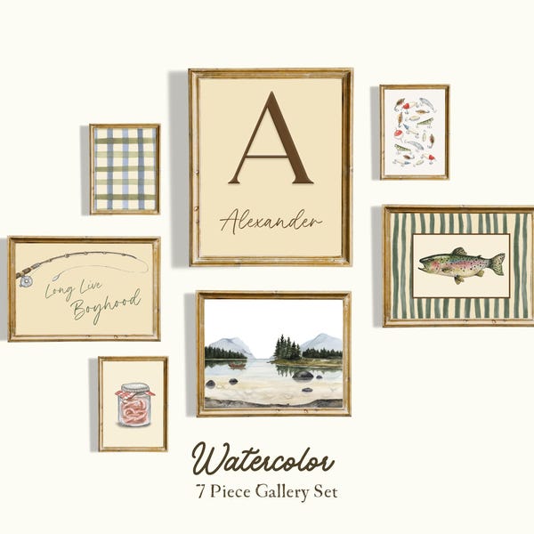 Angeln Kinderzimmer Dekor Personalisierte Galerie Wand Set 7 Stück Angeln Junge Schlafzimmer Dekor Vintage See Angeln Thema Wandkunst Sammlung Custom