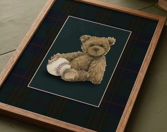 Boy Nursery Wall Art Sport Teddy Bear Print All American Boy Nursery Vintage Nursery Decor Blue Plaid Baby Boy Room Wall Art Americana Print