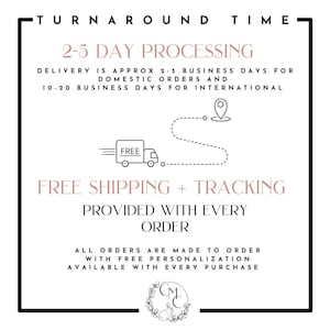 May include: A white graphic with the text "TURNAROUND TIME" at the top. The text "2-5 DAY PROCESSING" is in the center, with additional text below. A graphic of a truck with the word "FREE" is included. The words "FREE SHIPPING + TRACKING" are also present.
