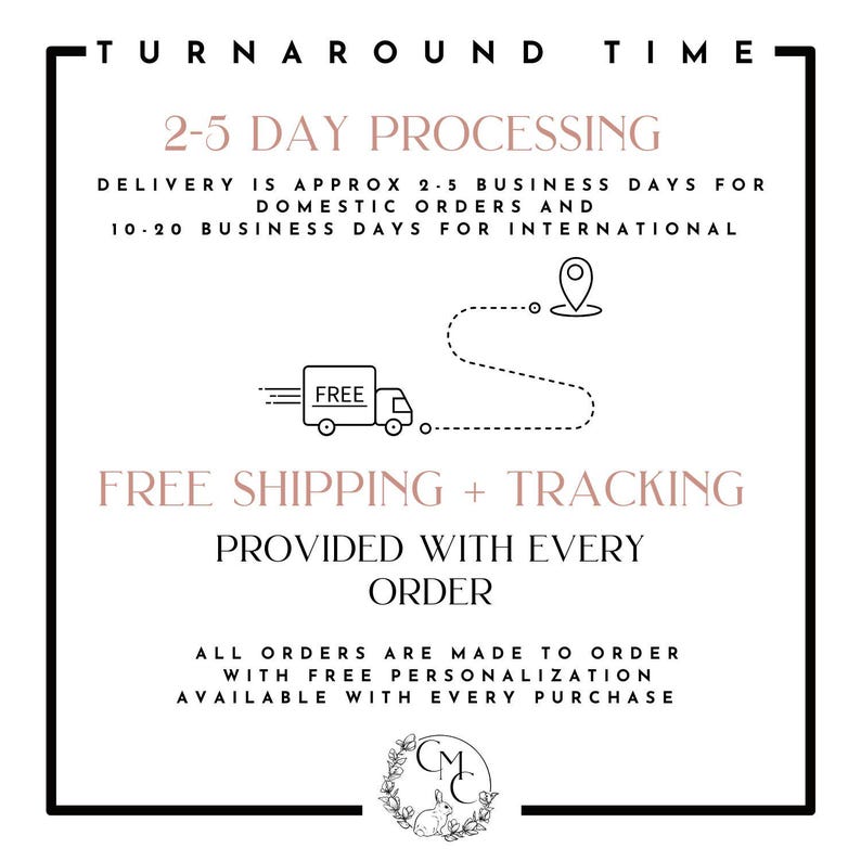 May include: A white graphic with the text "TURNAROUND TIME" at the top. The text "2-5 DAY PROCESSING" is in the center, with additional text below. A graphic of a truck with the word "FREE" is included. The words "FREE SHIPPING + TRACKING" are also present.