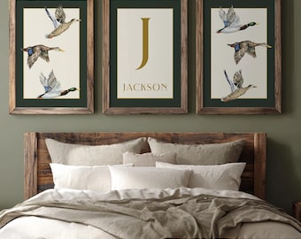 Mallard Duck Initial Print Set of 3 Piece Wall Art Boy Nursery Duck Hunting Print Mallard Name Print Boy Monogram Triptych Mallard Duck Art