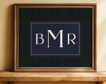 Custom Monogram Wall Art Boy Bedroom Decor Personalized Name Print Framed Blue Green Tartan Plaid Print Preppy Nursery Art Americana Decor
