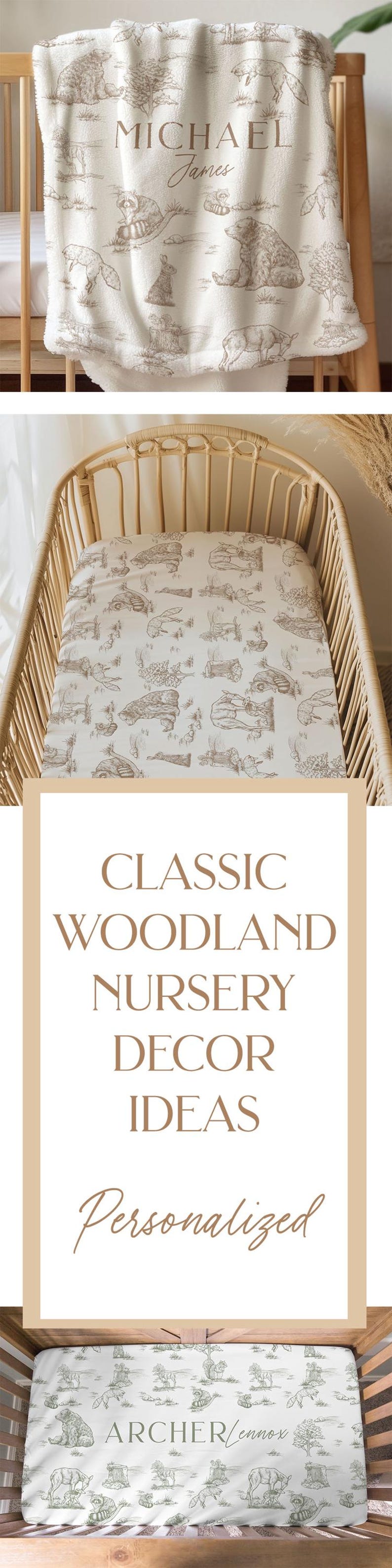 May include: A crib sheet and blanket set with a woodland animal theme. The blanket is cream-colored with a brown animal print and the name "Michael James". The crib sheet has a matching animal print.