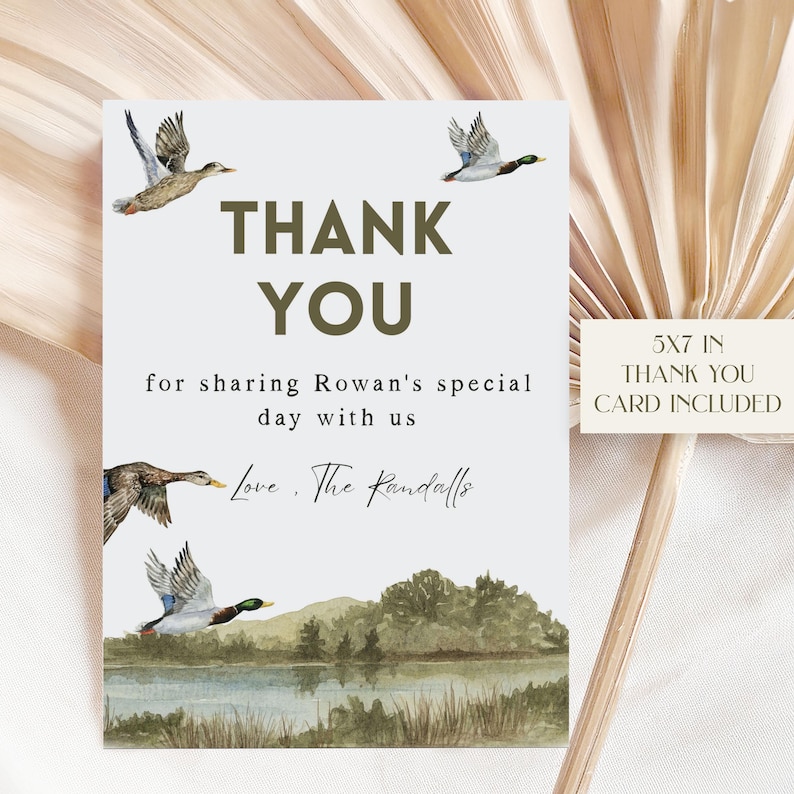 May include: A thank you card featuring a watercolour illustration of ducks and a lake. The text reads "Thank You for sharing Rowan's special day with us Love, The Randalls". The card is 5x7 inches and includes a thank you card.