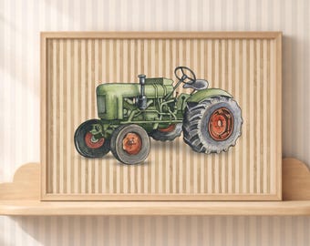 Vintage Tractor Art Print Baby Boy Art Striped Bedroom Print Green Tractor Print Watercolor Farmhouse Wall Art Framed Playroom Art Whimsical