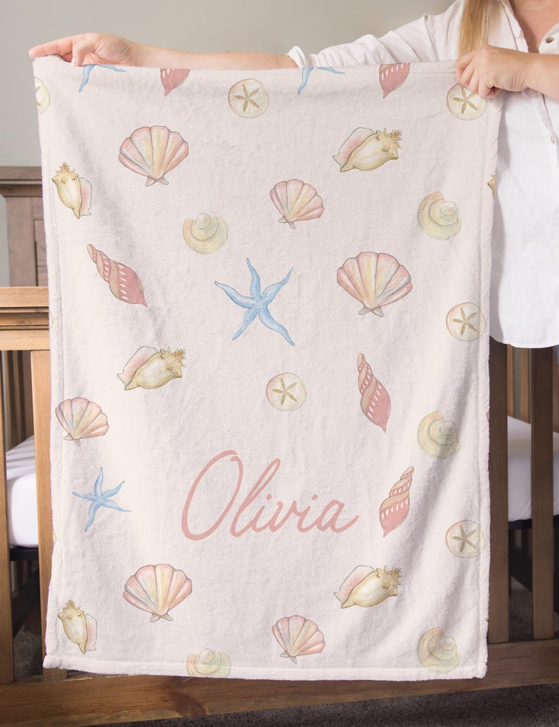 Personalized Girl Name Blanket Seashell Baby Gift Custom Name Blanket Kid Throw Blanket Girl Beach Party Gift Personalized Blanket Baby Girl image 2