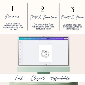 May include: A digital illustration of a wedding monogram with the initials "C" and "M" surrounded by a wreath of flowers. The image shows the steps to purchase, edit, and download the monogram. The text on the image reads "Purchase", "Edit & Download", "Print & Share", "Fast", "Elegant", and "Affordable".