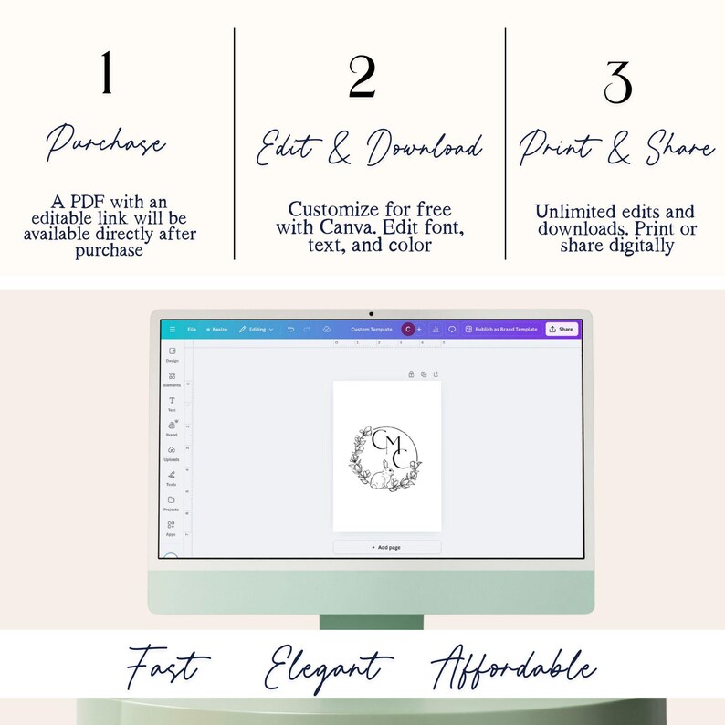 May include: A digital illustration of a wedding monogram with the initials "C" and "M" surrounded by a wreath of flowers. The image shows the steps to purchase, edit, and download the monogram. The text on the image reads "Purchase", "Edit & Download", "Print & Share", "Fast", "Elegant", and "Affordable".