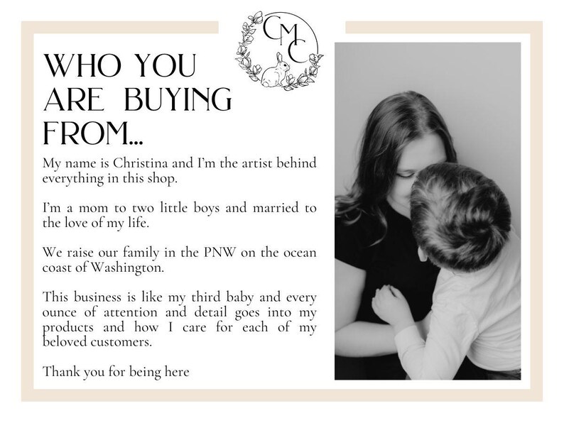 May include: Black and white photo of a woman and a child embracing. The text reads "WHO YOU ARE BUYING FROM..." and includes information about the artist and their family.