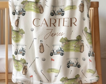 Kocyk golfowy dla dziecka z personalizowanym imieniem dla dziecka, vintage'owa akwarela, wystrój pokoju dziecięcego z motywem golfa, pościel do łóżeczka dziecięcego dla chłopca
