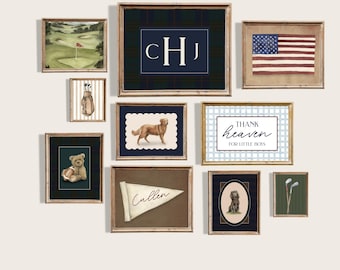 Americana Nursery Wall Art Set of 10 Digital Vintage Americana Boy Personalized Name Print Teddy Bear Art Upscale Boy Room Decor Blue Plaid