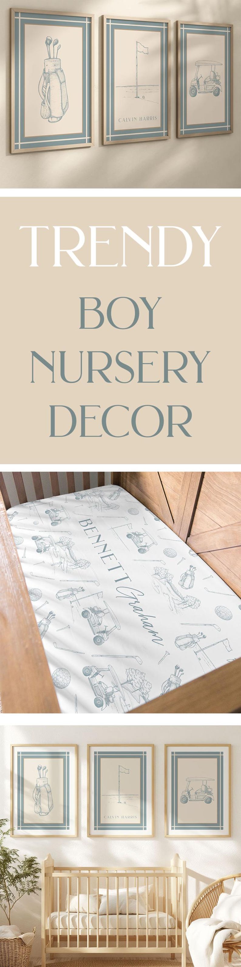 May include: Golf-themed nursery decor set. Includes framed prints with golf bag, flag, and golf cart illustrations, plus a crib sheet with golf-related drawings. The prints have a light blue and beige color scheme.