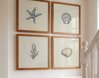 Vintage Coastal Wall Art Beach House Art Coastal Home Decor Set of 4 Framed Neutral Shell Art Painting Nautical Nursery Ocean Bathroom Art