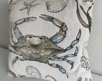 Blue Crab Woven Throw Pillow Coastal Home Decor Beach House Decorative Pillow Neutral Tone Nautical Accent Pillow Housewarming Gift Idea