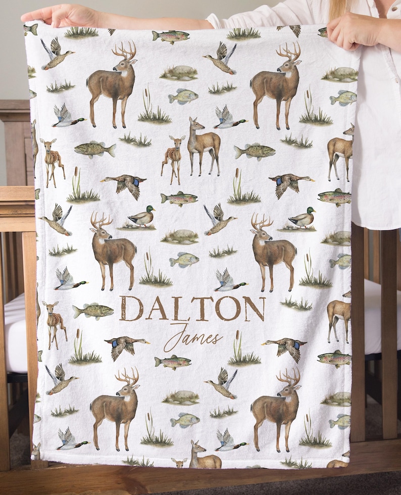 Hunting Baby Blanket Mallard Duck Blanket Boy Personalized Newborn Name Blanket Woodland Baby Shower Gift Custom Deer Hunt Fishing Nursery image 3