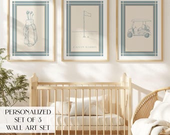 Personalized Baby Name Print Set of 3 Golf Theme Nursery Wall Art Custom Boy Nursery Name Sign Vintage Golf Gallery Wall Art Playroom